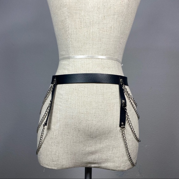 Black Leather Waist Harness Belt w/ Chain main image 10
